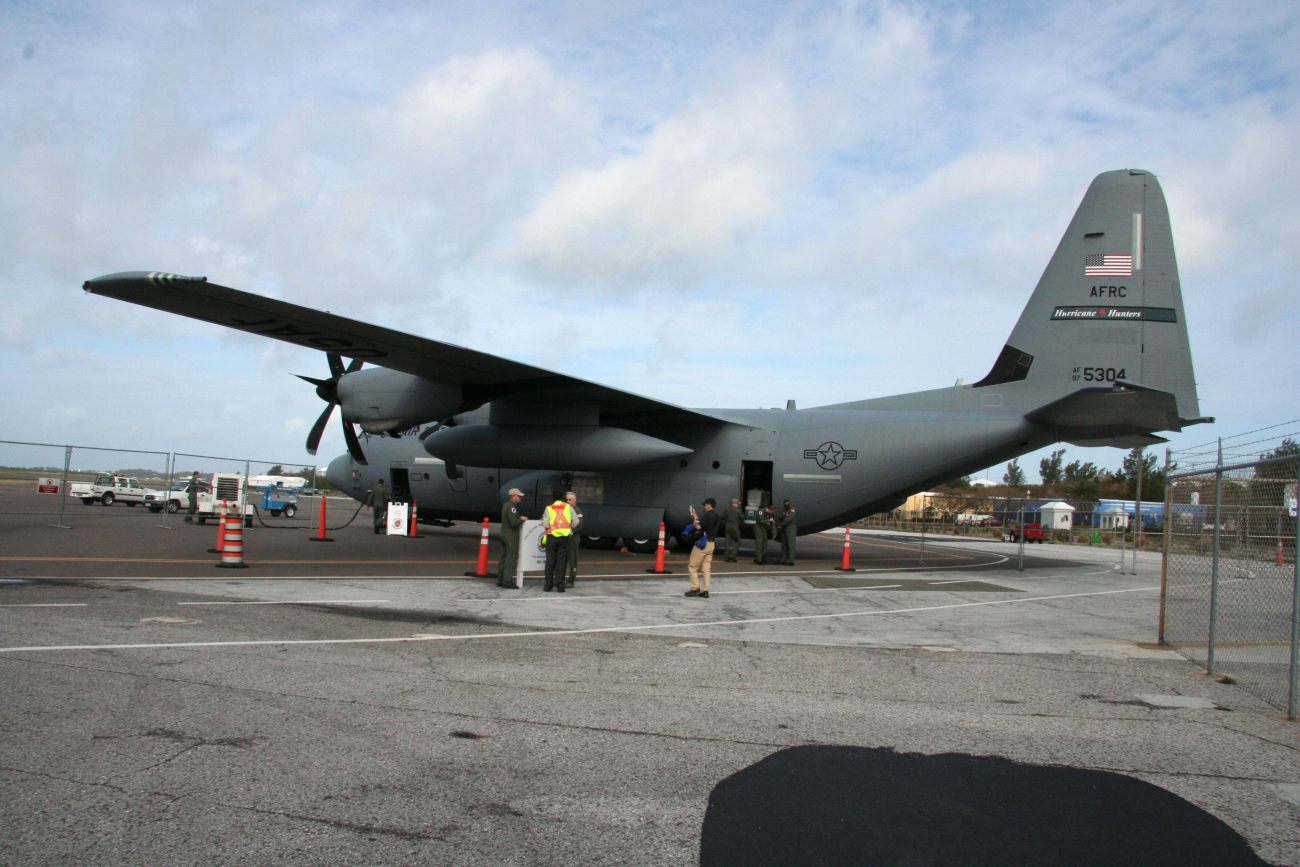 WC130-J Hurricane Hunter aircraft is readied for viewing during stop in Bermudabringing hurricane preparedness message to Mexico and the Caribbean