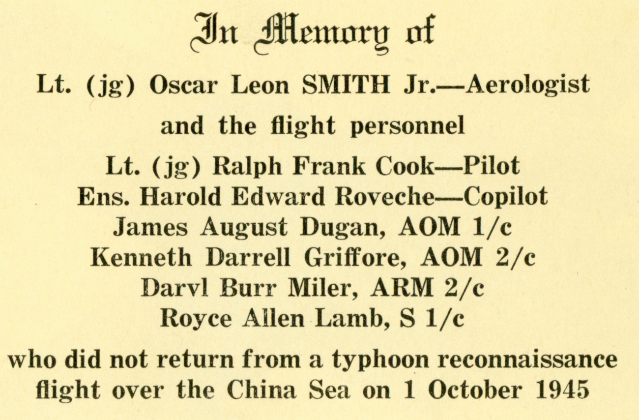 A eulogy for some of the earliest tropical storm reconnaissance personnel thatlost their lives on October 1, 1945