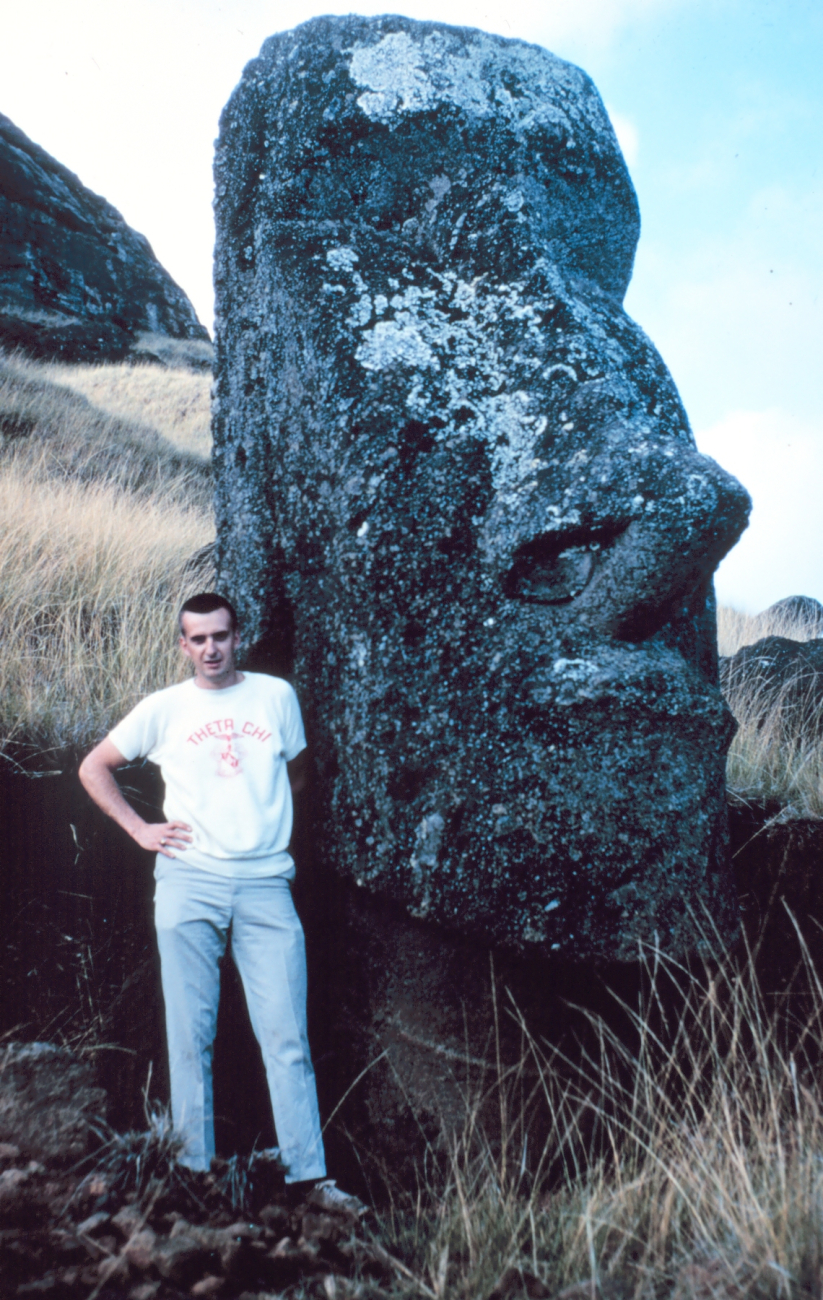 Station Number 020 -  Bob Kulton next to a Moia, one of the famous Easter Island statues