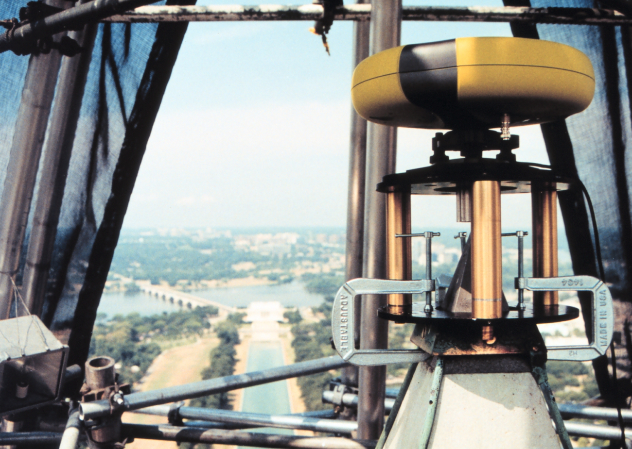 A Javad Positioning System antenna atop the Washington Monument