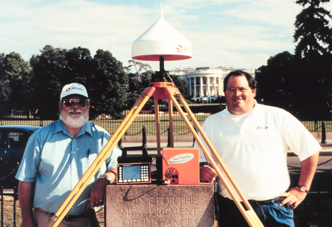 Ellis Veatch and Mike Nixon with a Spectra Precision Antenna atop the ZeroMilestone of the Chesapeake and Ohio Canal