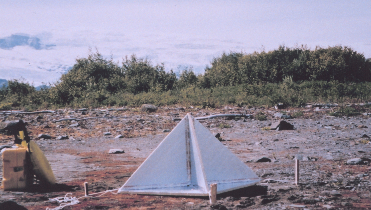 Close-up of home-made radar reflector constructed from house insulation coveredwith aluminum foil