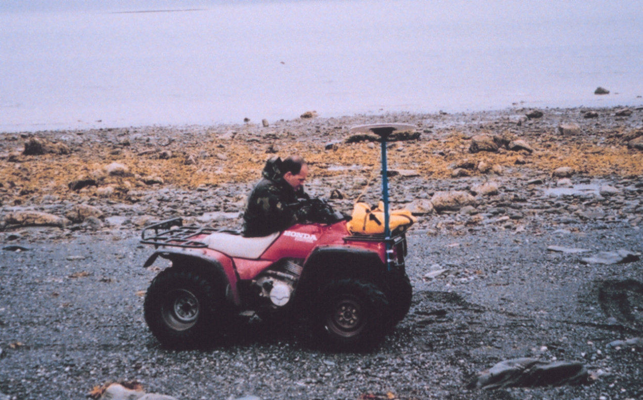 Mike Aslaksen surveying the beach with kinematic GPS mounted on an all-terrainvehicle