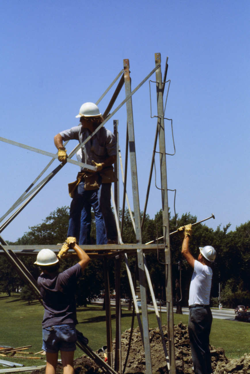 Fred Buck on tower beginning construction of Bilby tower