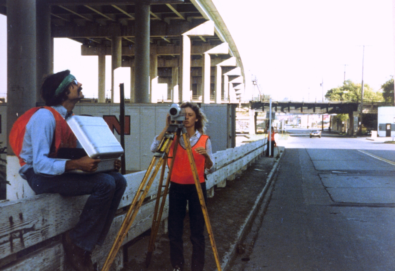 Anita Whitis running the gun and Bob Gex recording during leveling operationsat Niagara Falls