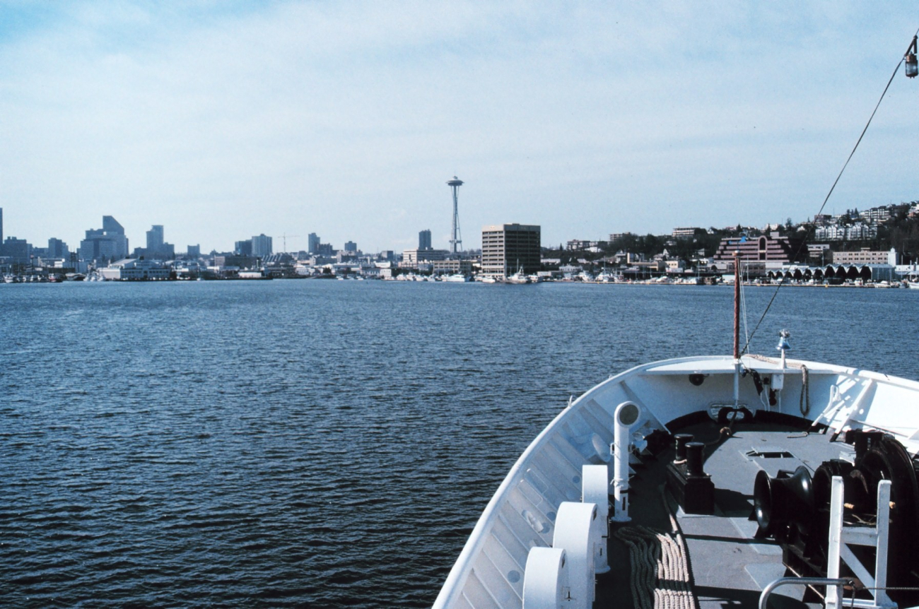 The Seattle space needle from the bow of the NOAA Ship RAINIER