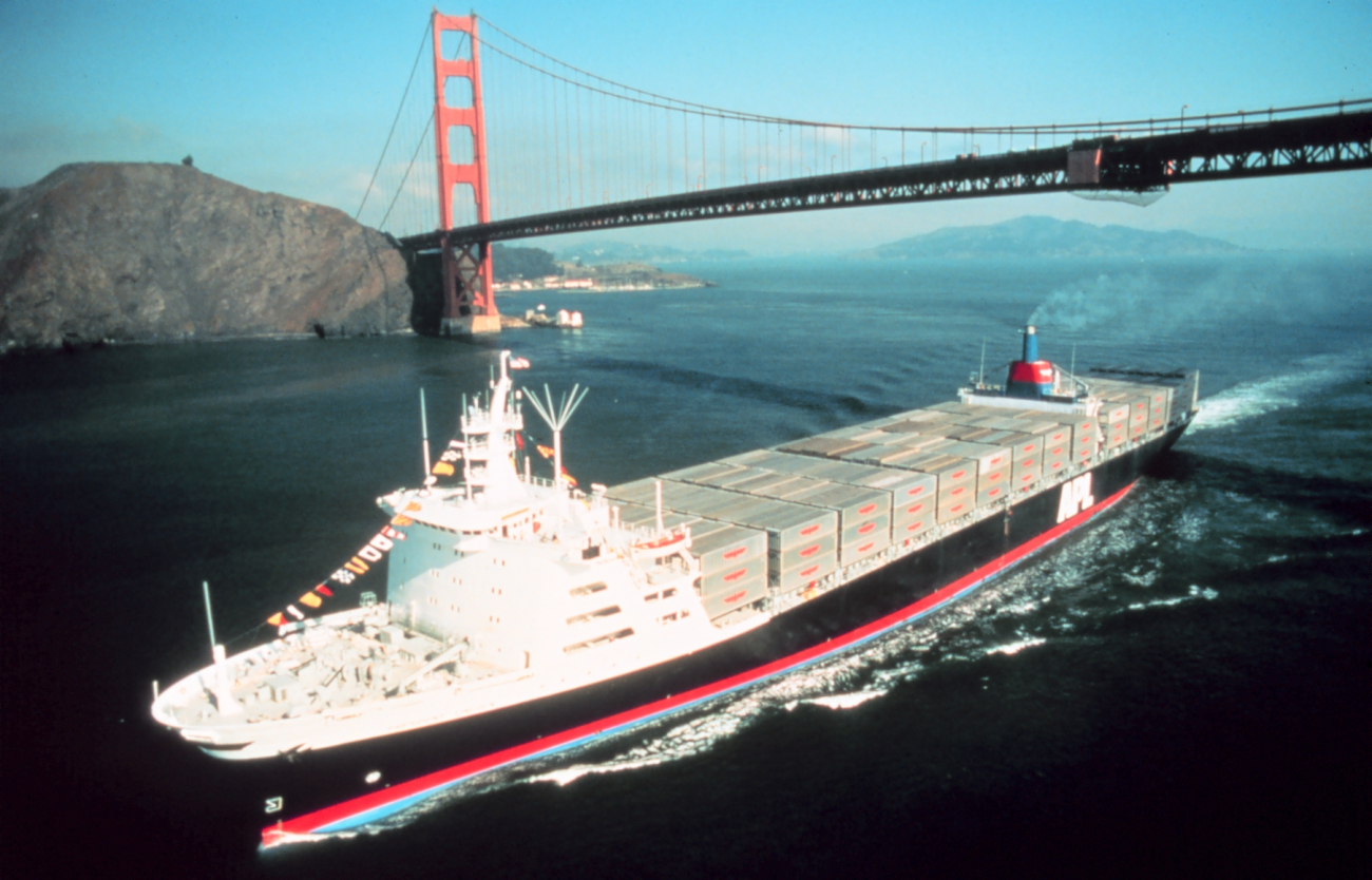 Containership outward bound under the Golden Gate Bridge