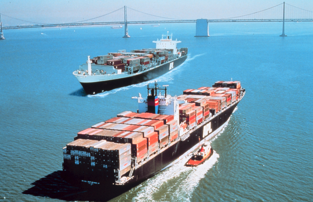 Two containerships passing each other in San Francisco Bay