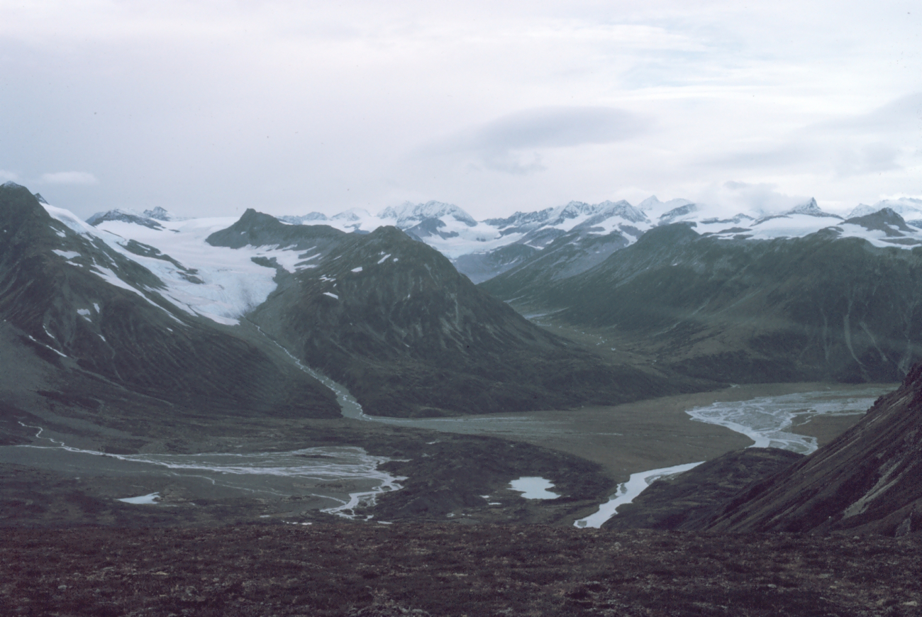 Mountains, glacial valleys, and a river valley on a gray day in Redoubt Volcanoarea