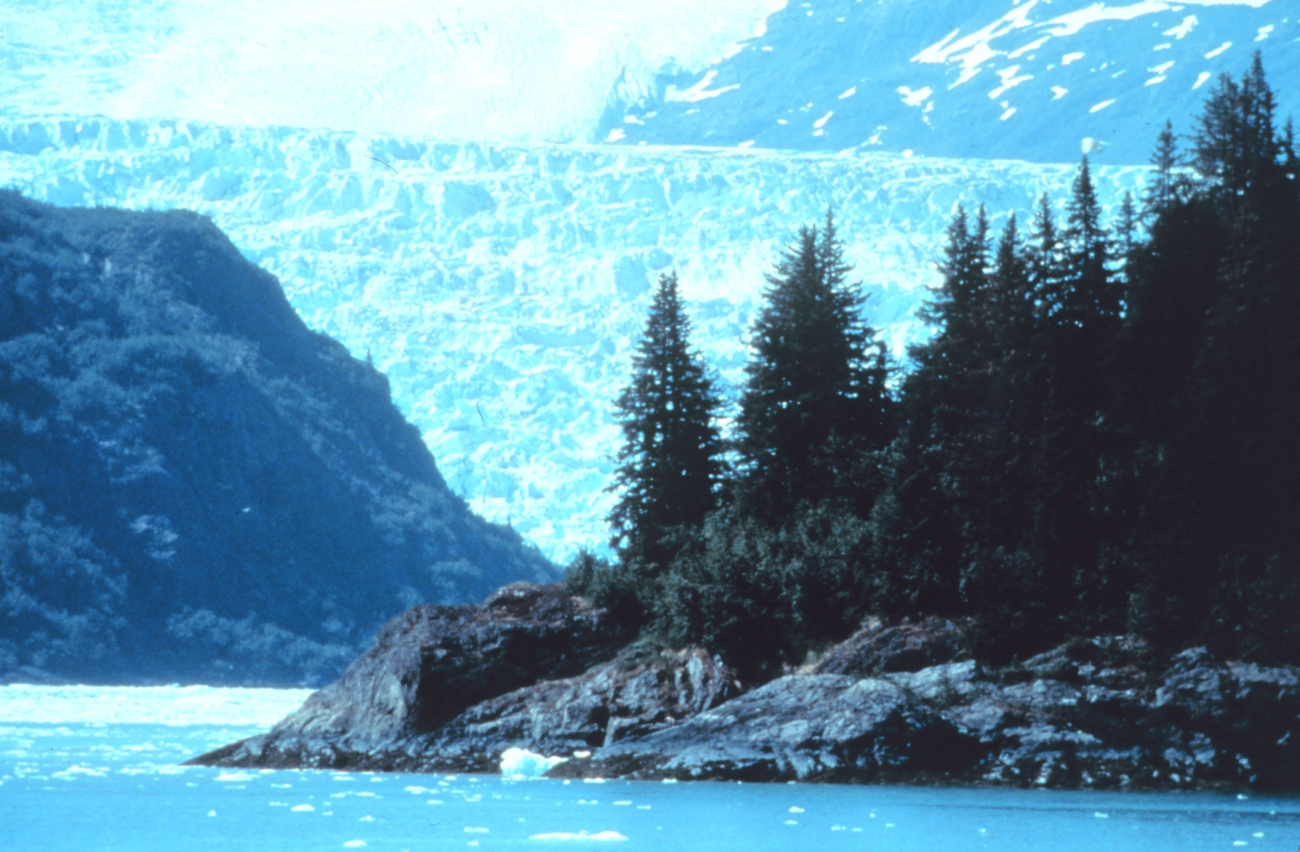 A glacier looming above a rocky point