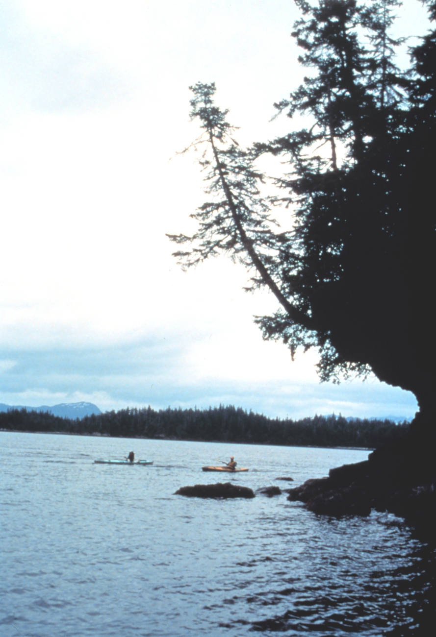 Kayakers passing a rocky point