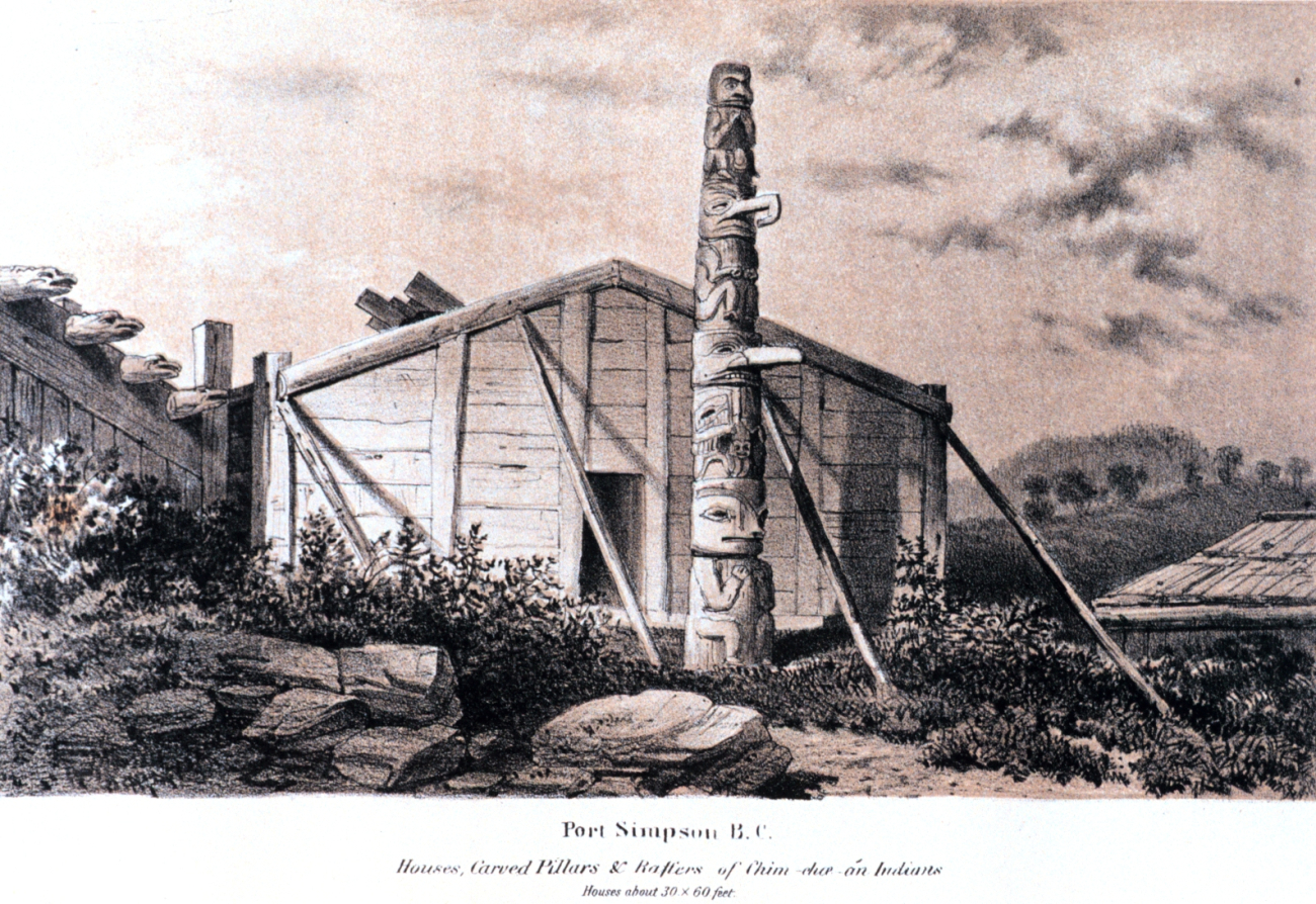Native dwelling and totem pole at Port Simpson, British Columbia