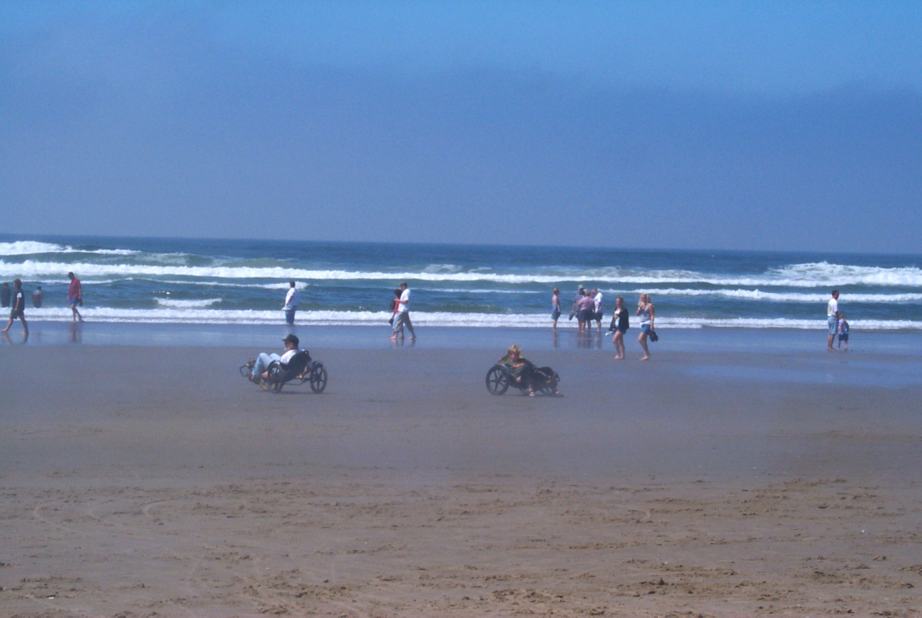 Riding rented trikes on the beach at Cannon Beach
