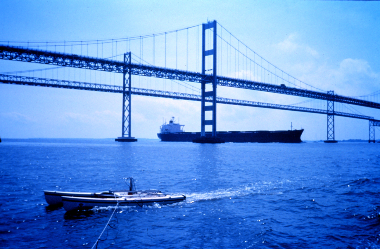 A modified catamaran takes mobile current profiles with an acoustic digitalcurrent profiler (ADCP) as a large bulk carrier passes under the ChesapeakeBay Bridge heading up the bay