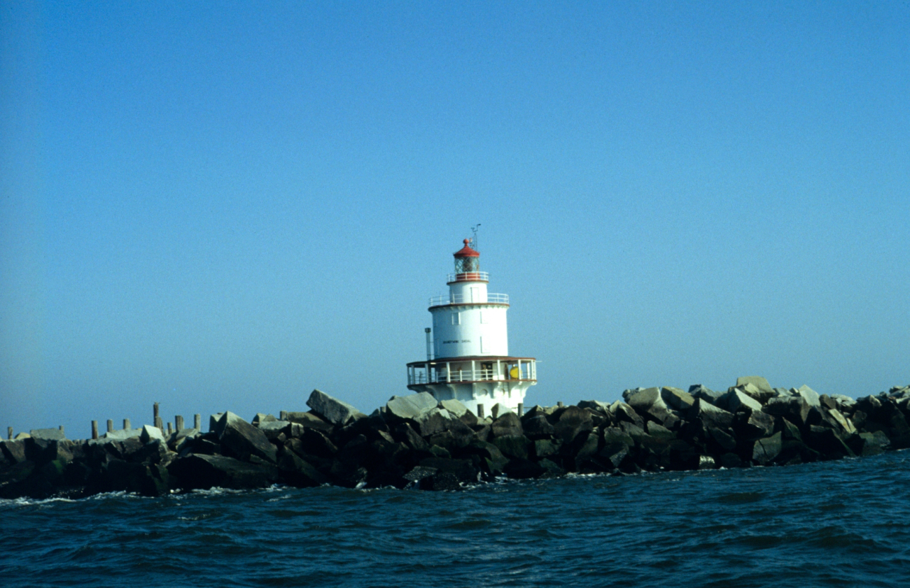 Brandywine Shoal Lighthouse seen at low tide in Delaware Bay