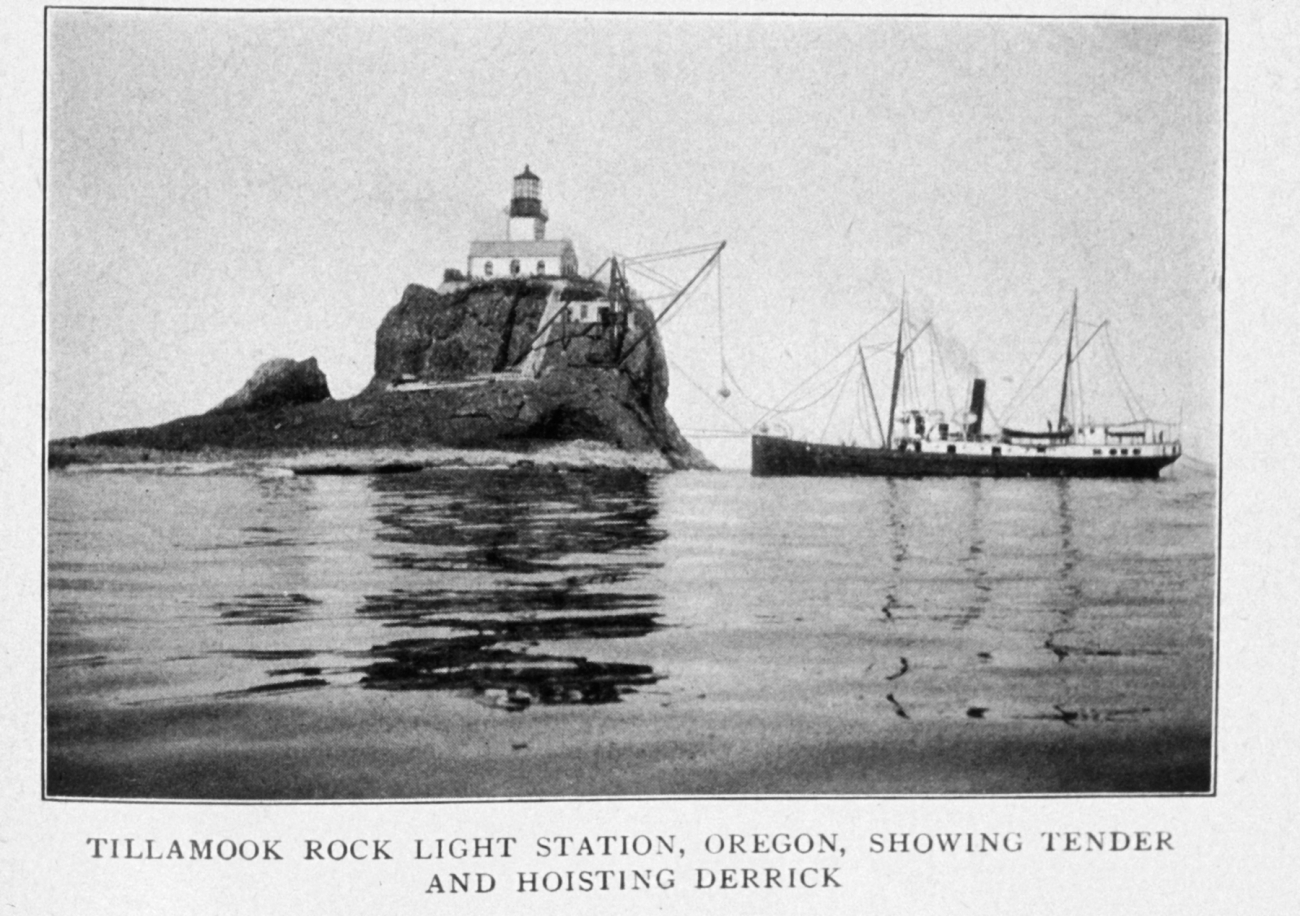 Tillamook Rock Light Station, Oregon, Showing Tender and Hoisting Derrick