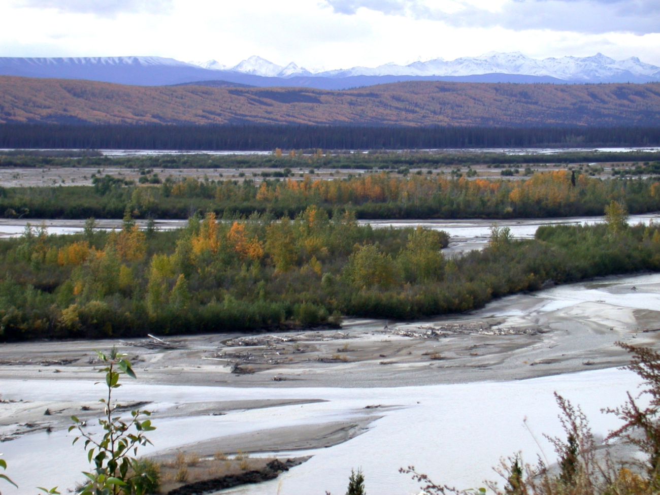 Looking across Susitna River to the high mountains of the AlaskaRange north of Anchorage