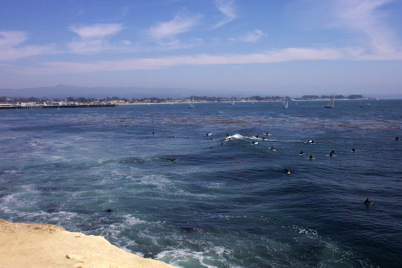 Surfers, sailboats, and the Santa Cruz wharf as seen from Lighthouse Point