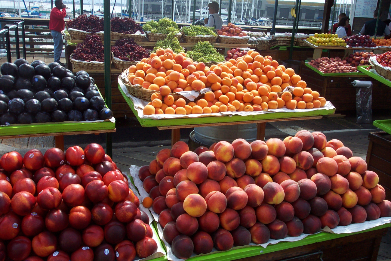A close-up of some of the glorious fruits at an open-air produce market at Pier39 near Fisherman's Wharf