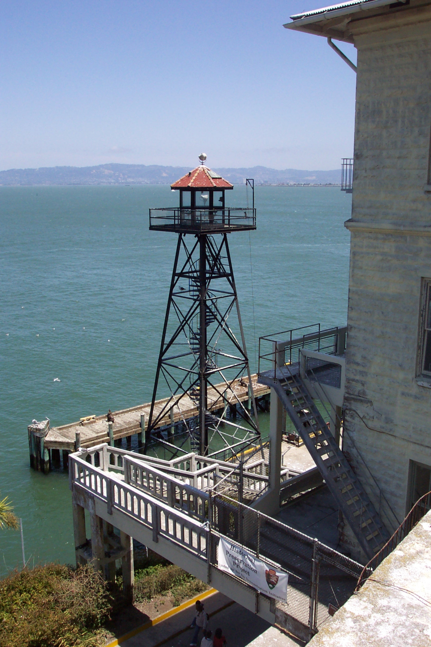 An Alcatraz guard tower overlooking the pier area