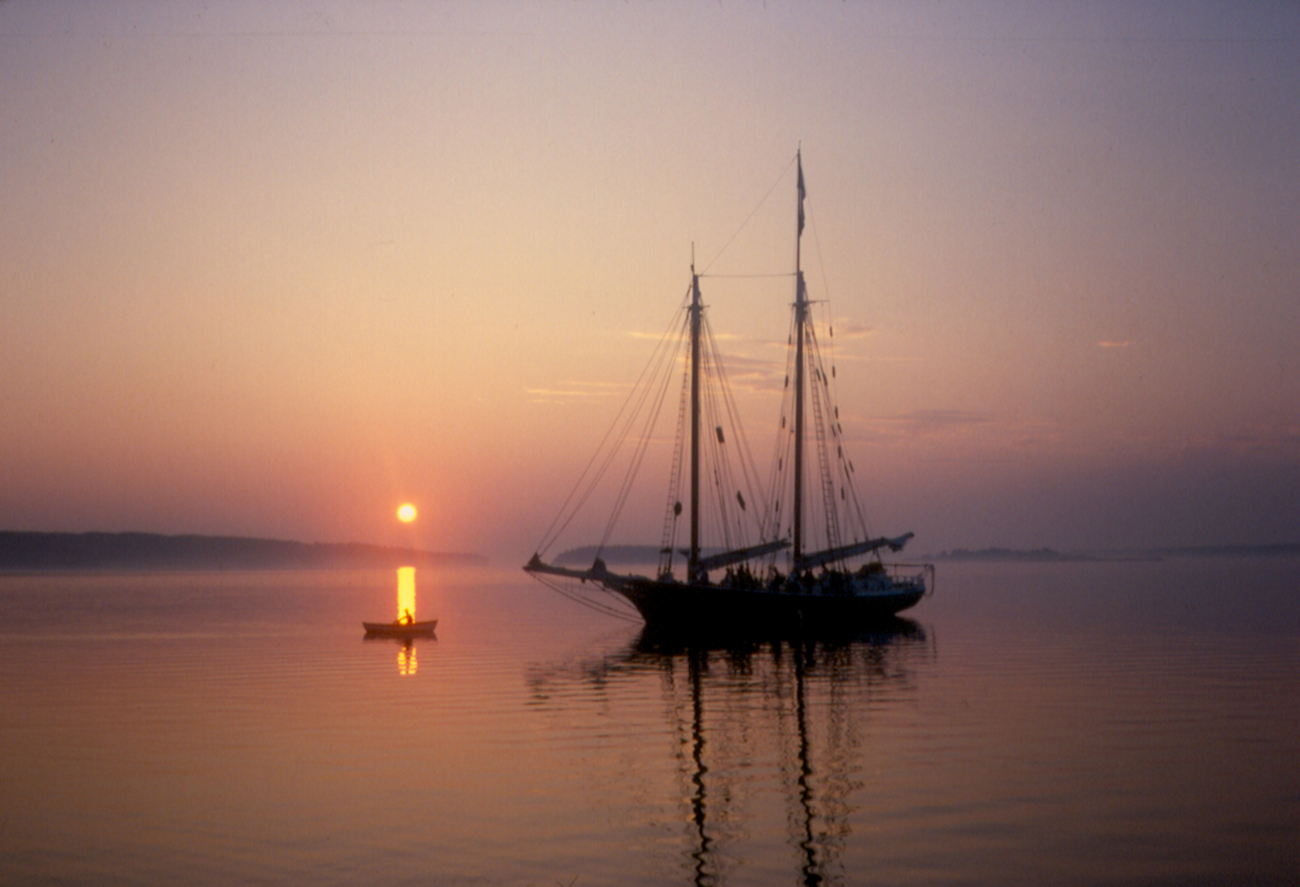 A Maine schooner at sunrise