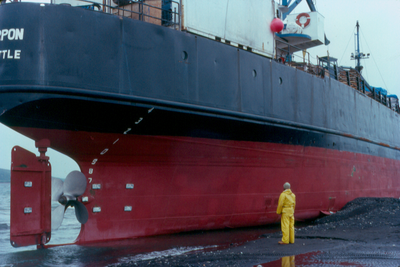 Inspecting a grounded freighter at Port Moller