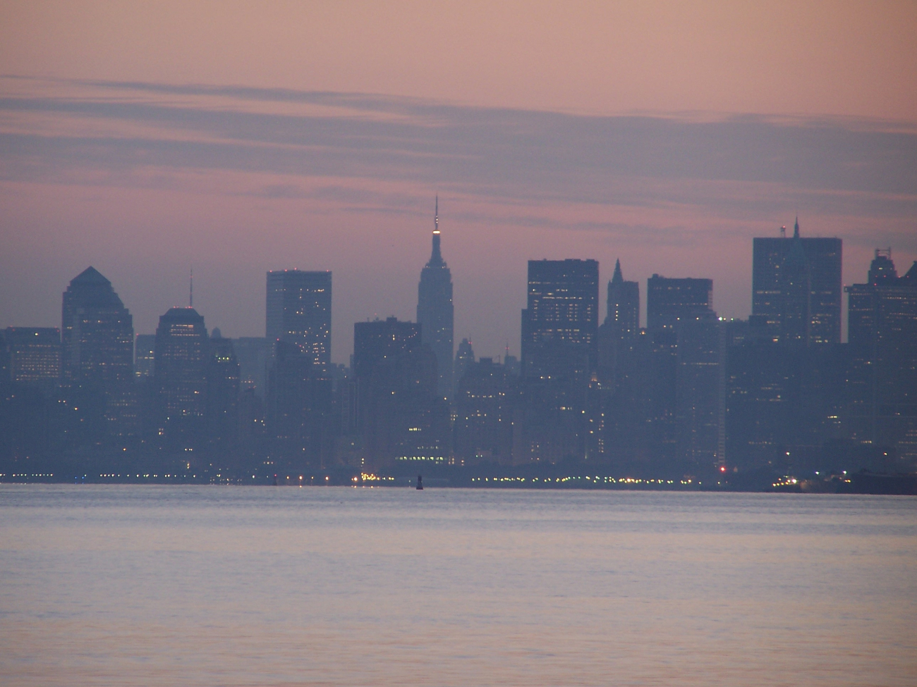 The skyline of New York City on a hazy evening