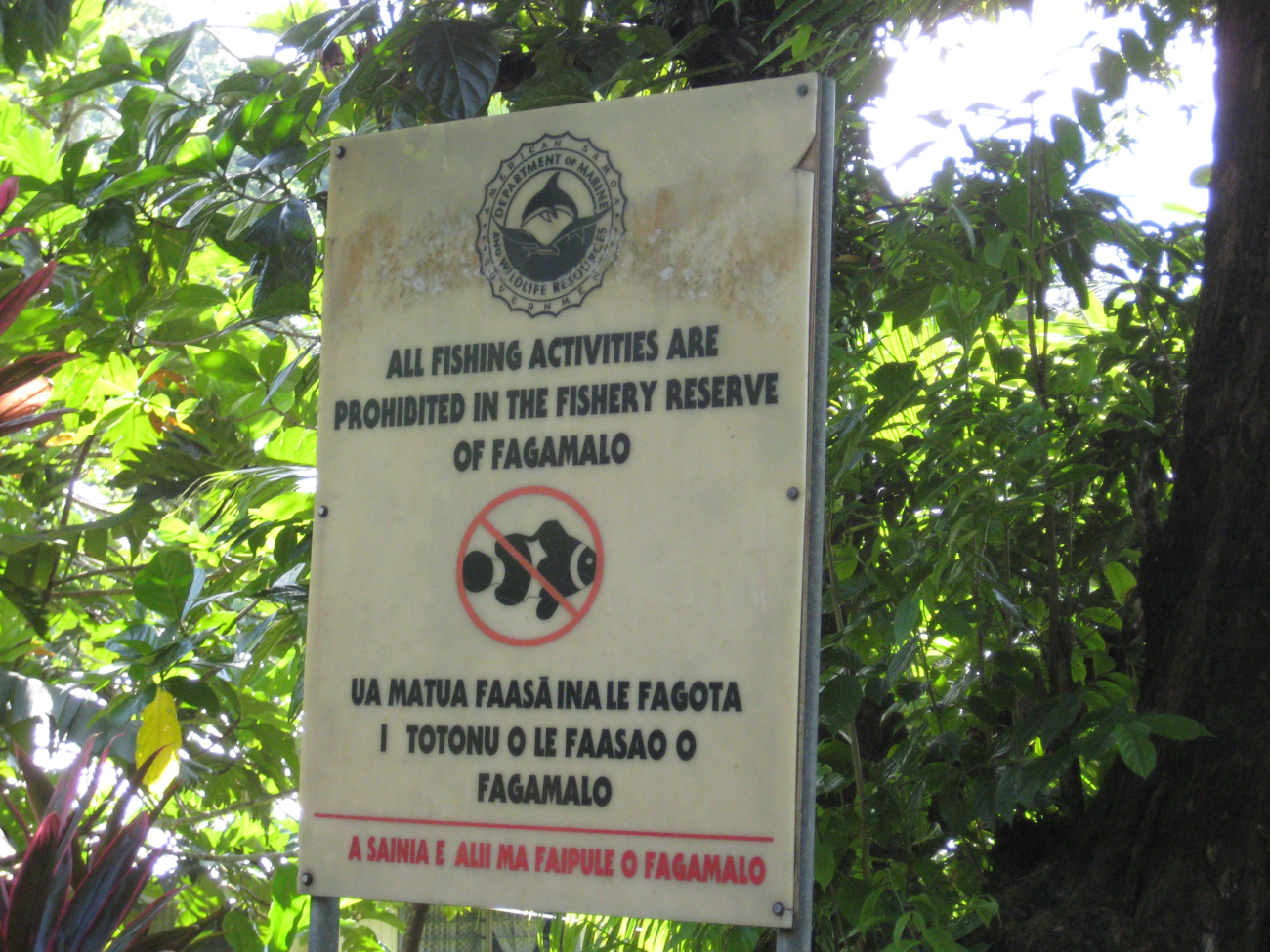 Sign denoting all fishing activity prohibited in the Fagamalo Fishery Reserve