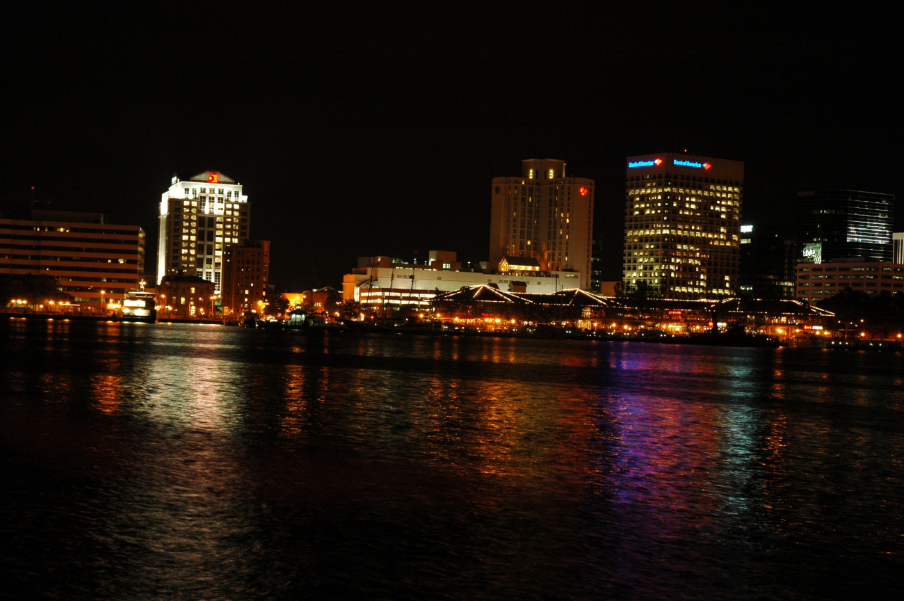 The Norfolk skyline as seen at night from Portsmouth