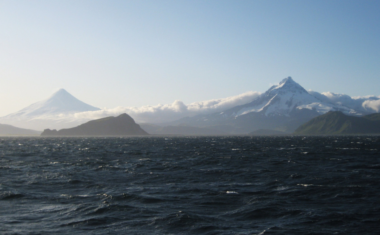 Shishaldin (left) and Isanotski volcanoes on Unimak Island