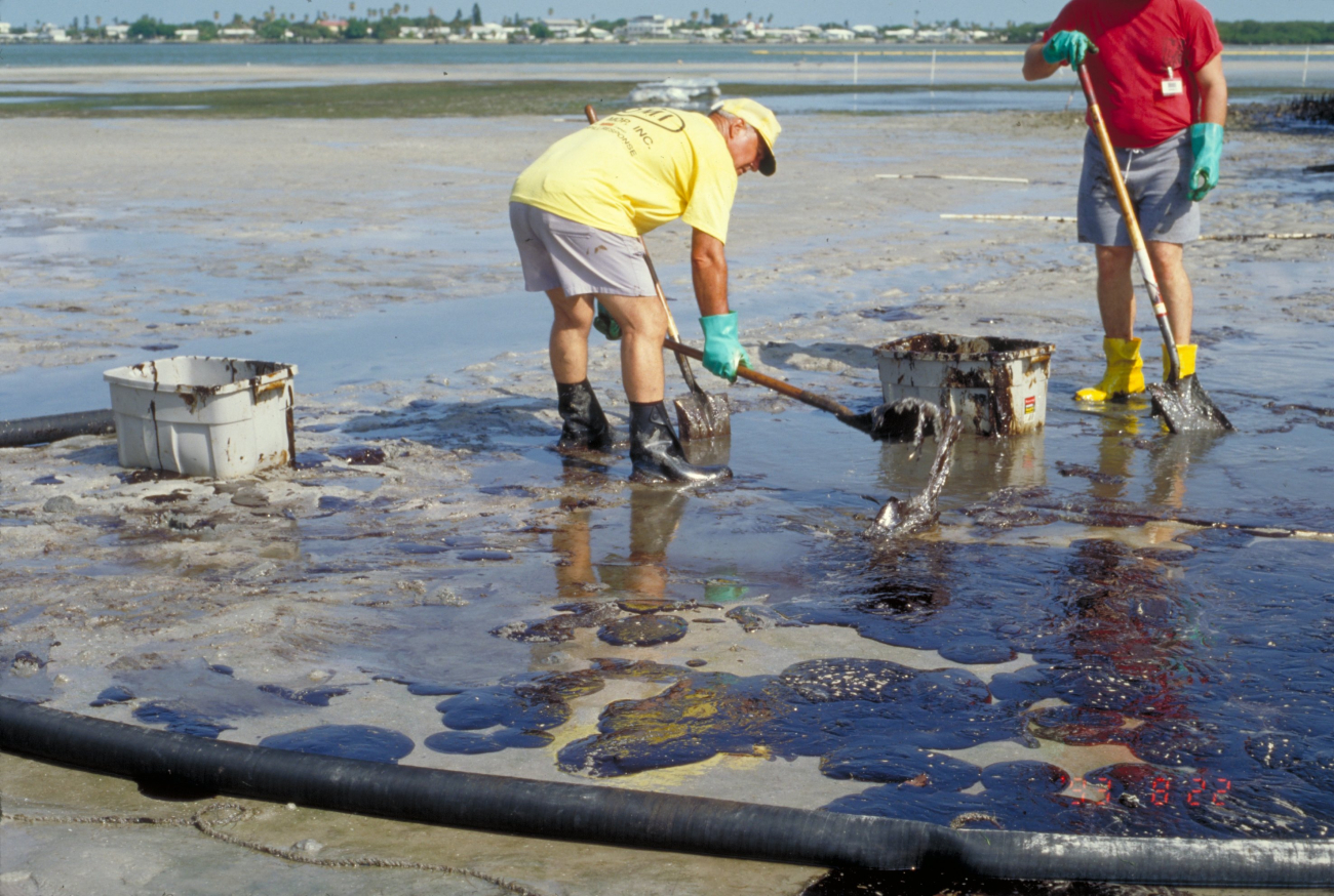 Cleaning oil off a beach at low tide
