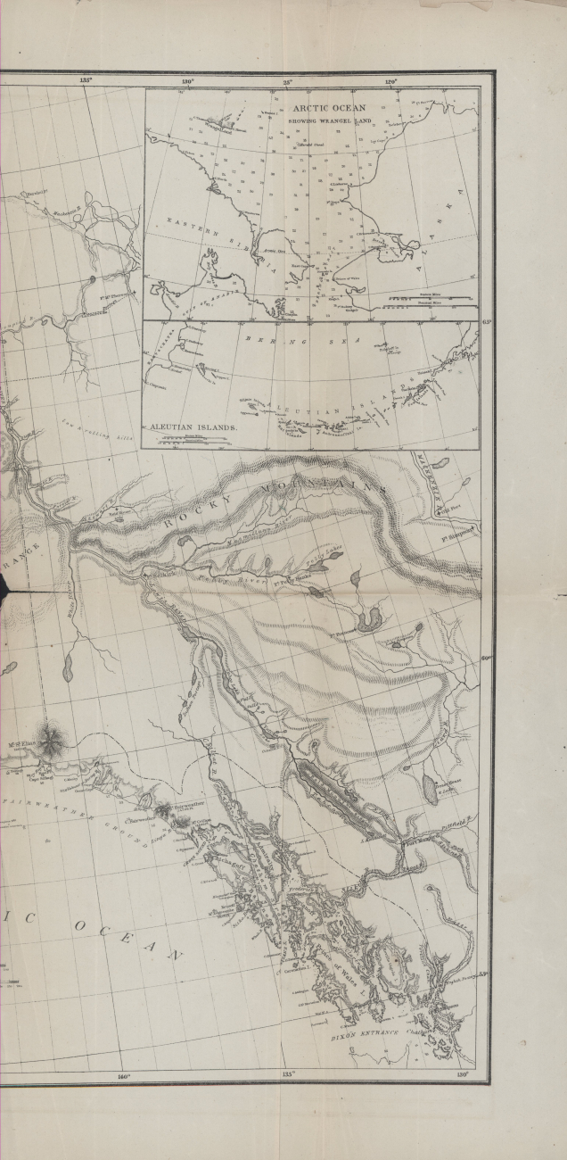 Portion of map showing Arctic Ocean northwest of Alaska, the AleutianIslands, and eastern Alaska and the Chilcat River area that Kohklux traced outfor George Davidson in 1869