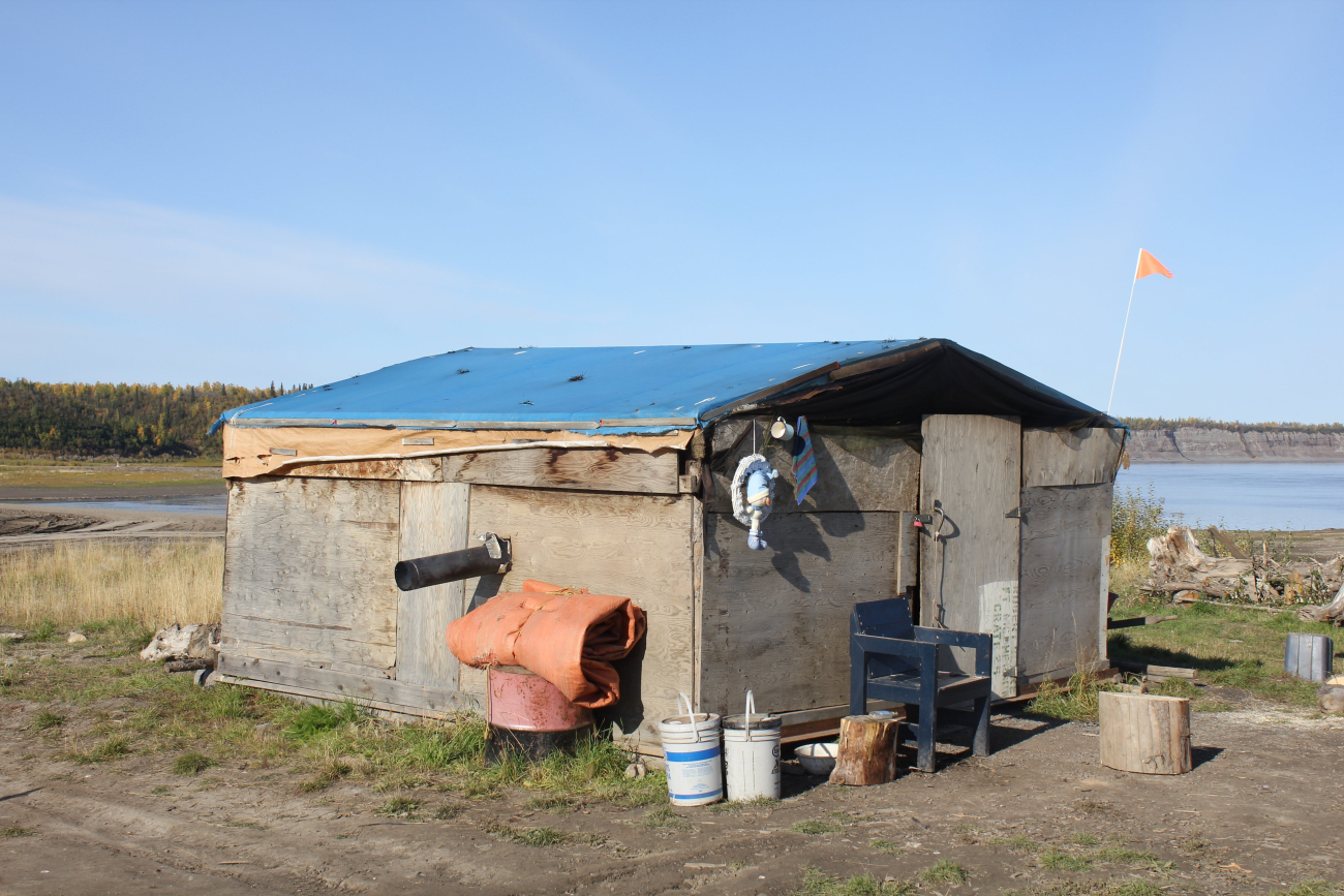 A fish smokehouse in Tsiigehtchic at the junction of the Arctic Red Riverand the Mackenzie River