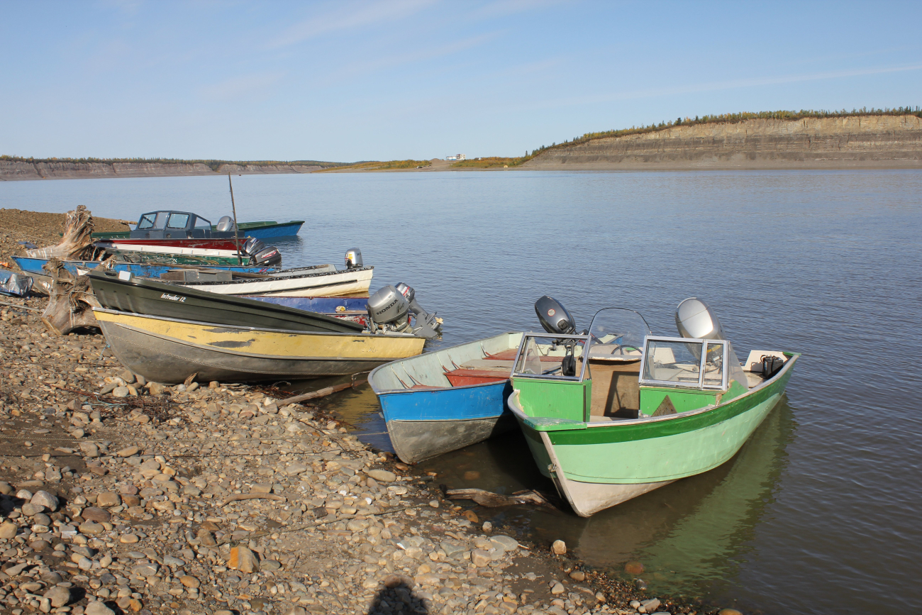 Artisanal native fishing boats on the MacKenzie River at Tsiigehtchic