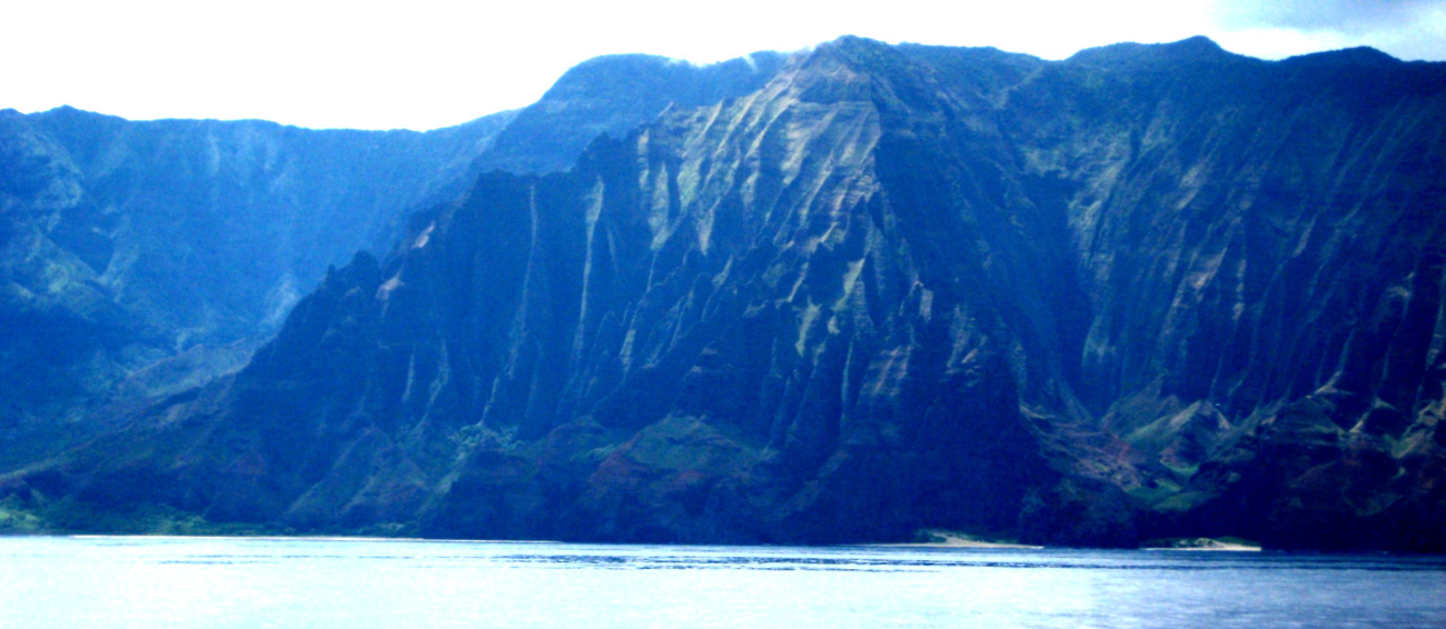 A view from offshore of the Na Pali coast, along the northwest shore of Kauai