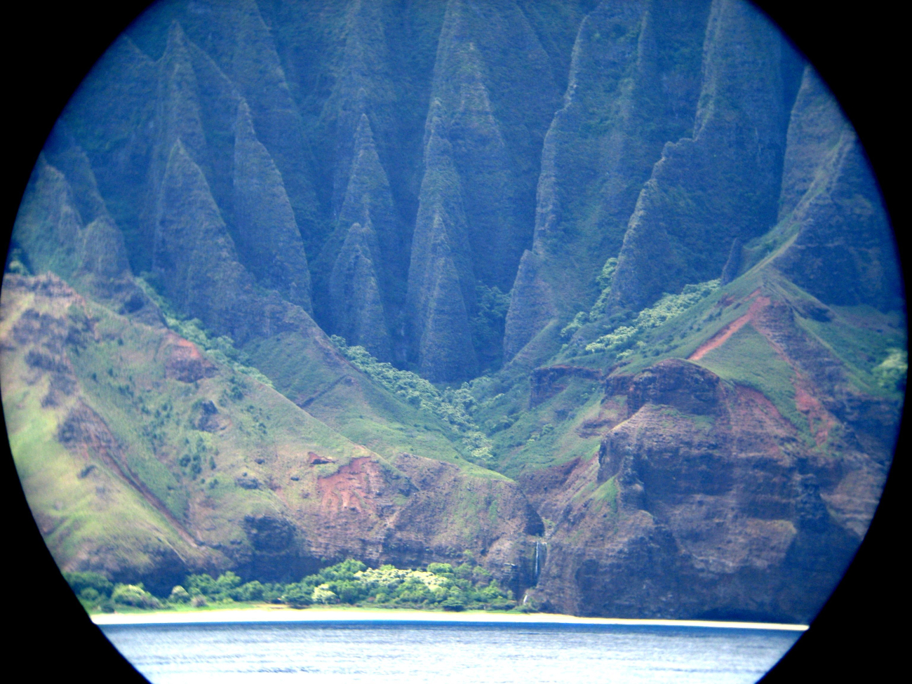 A telescopic view from offshore of the Na Pali coastline