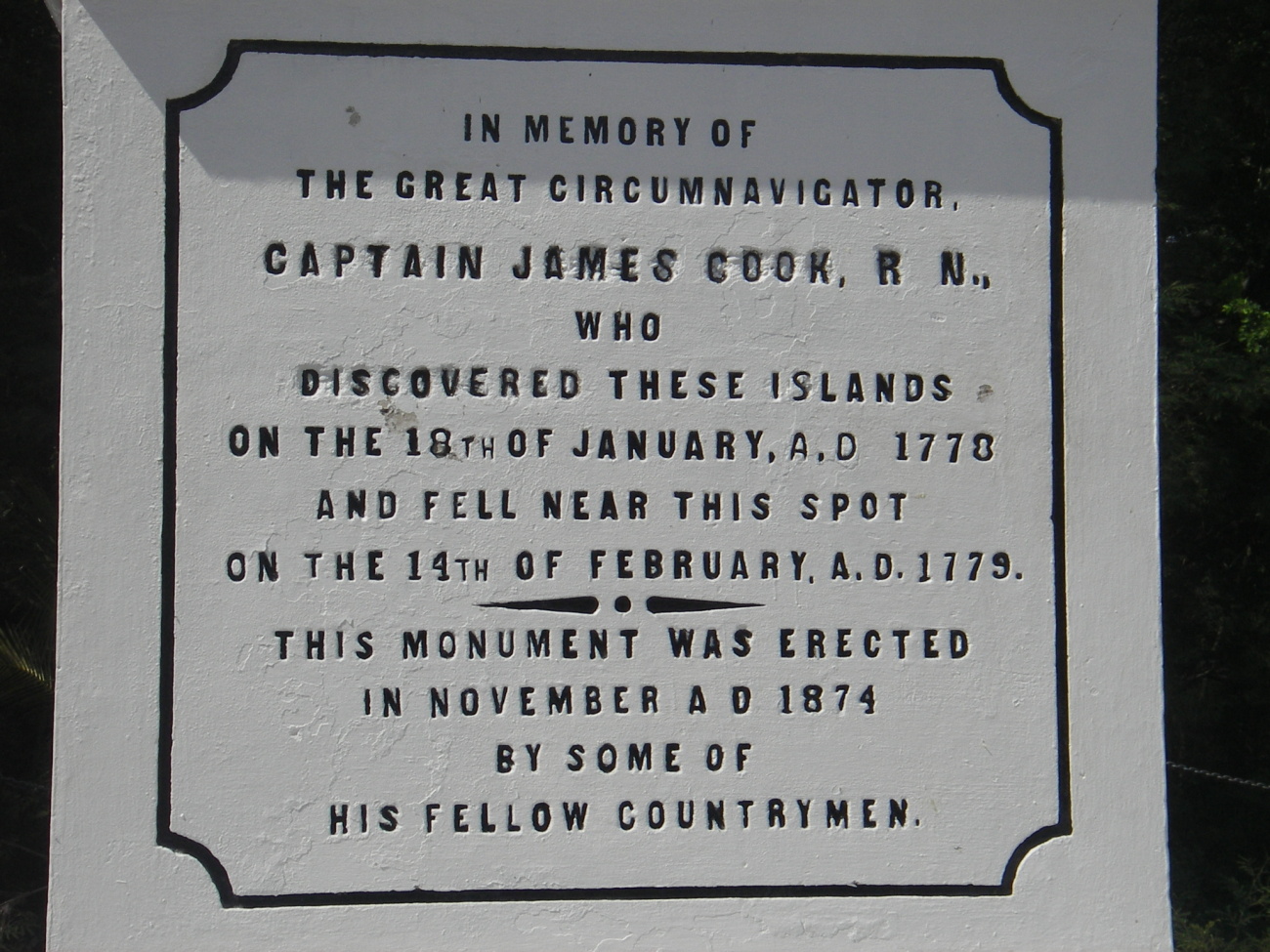 The Captain Cook monument at Kealakekua Bay, where he was struck downand killed