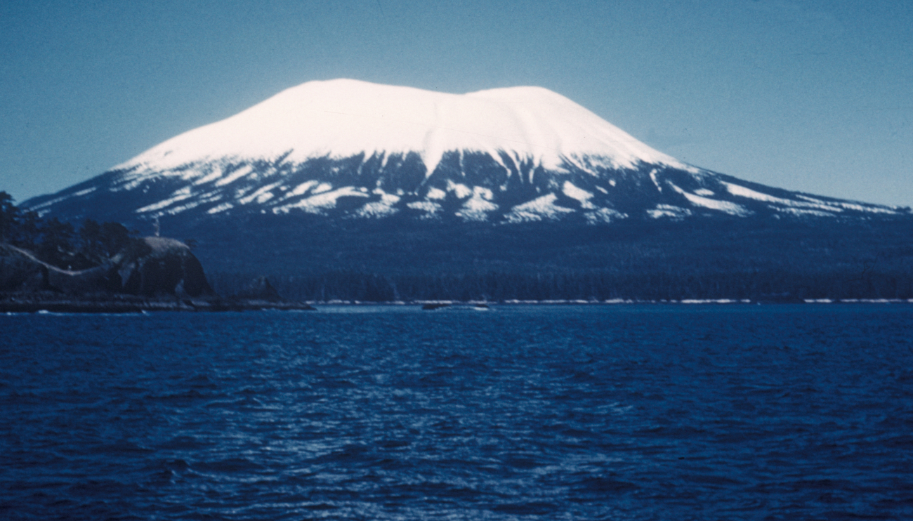 Mount Edgecumbe, a dormant volcano on the south end of Kruzof Island, can beseen from Sitka