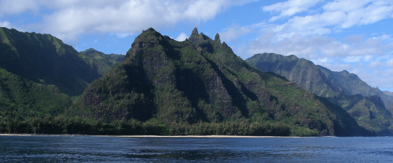 A view from the sea of the sculpted volcanic terrain of the Na Pali coast