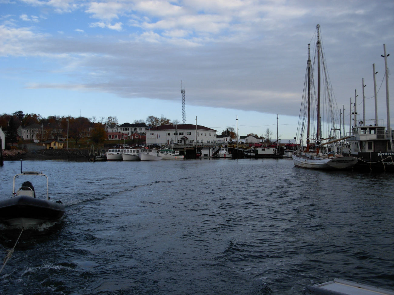 Leaving Eastport harbor and looking back at the Coast Guard pier and building