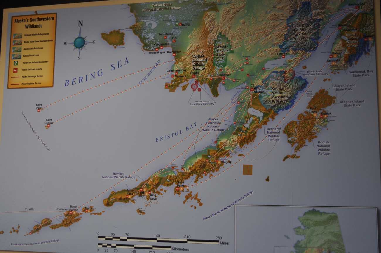 Map of Alaska at Anchorage Airport showing Alaska's SouthwesternWildlands and various aircraft flight routes