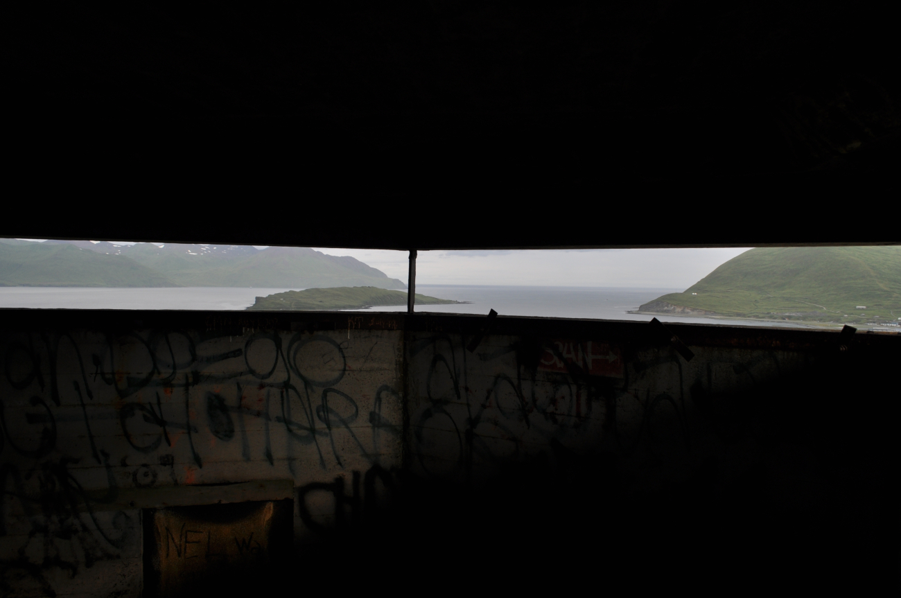 Looking out the view ports of the World War II lookout bunker at Dutch Harbor