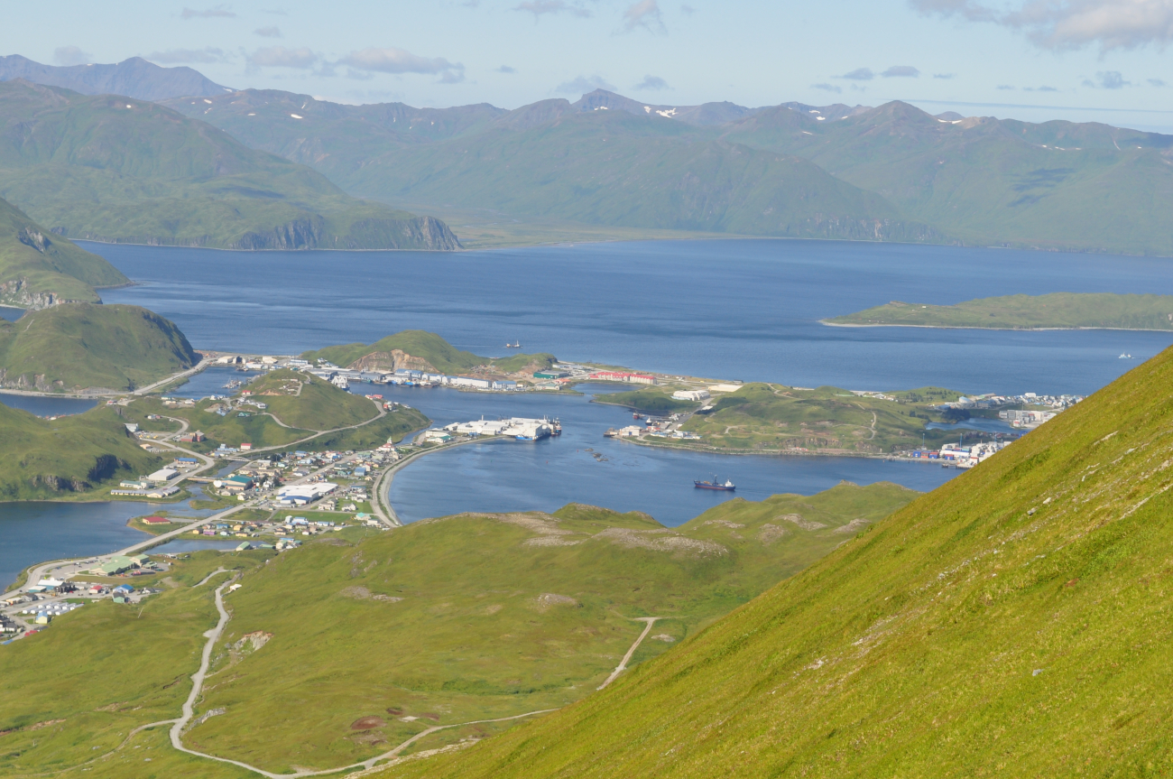 Looking down into Dutch Harbor from the mountains of Unalaska Island