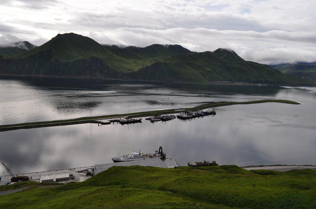 Man-made breakwater sheltering vessels at Dutch Harbor