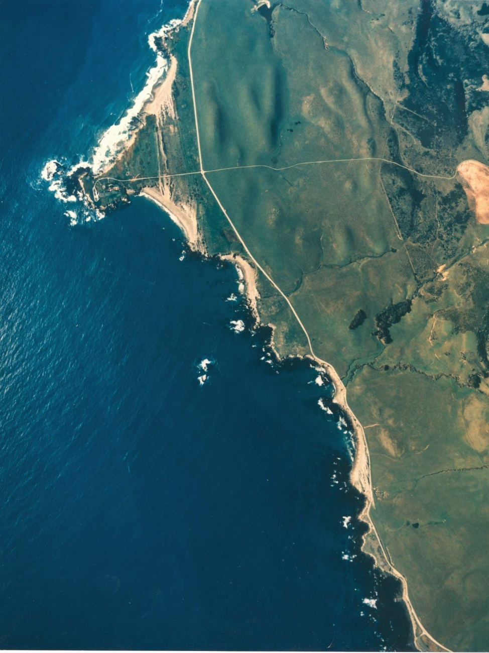 Aerial view of Point Piedras Blancas and the regional coastline extending fromthe southeast in the bottom to the north at top