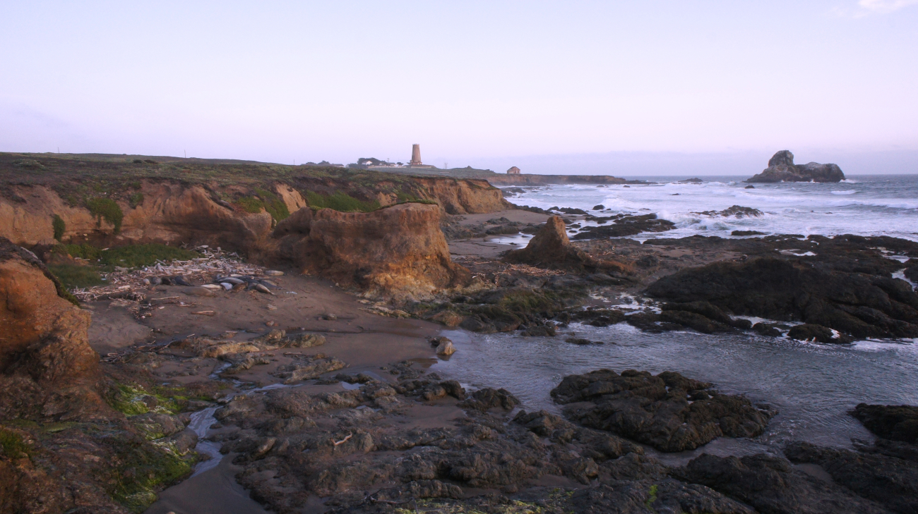 Looking south to the Point Piedras Blancas lighthouse over the shoreline at amedium tide