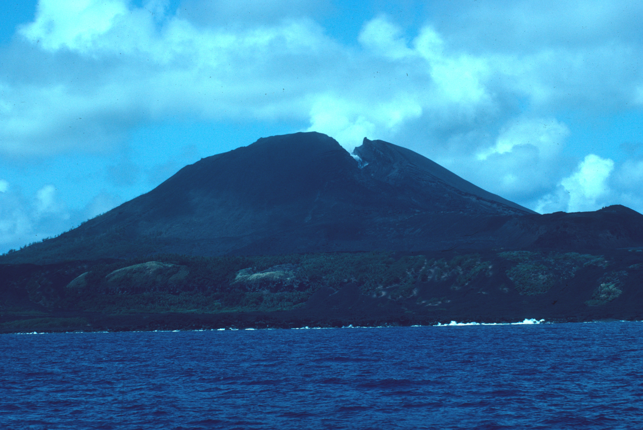 Pagan Volcano showing the crater breach that occurred during a 1981 eruption