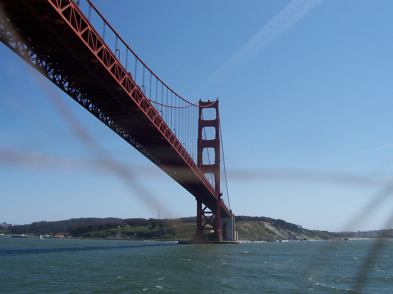 South pier of the Golden Gate Bridge seen looking back as theMILLER FREEMAN departs San Francisco Bay