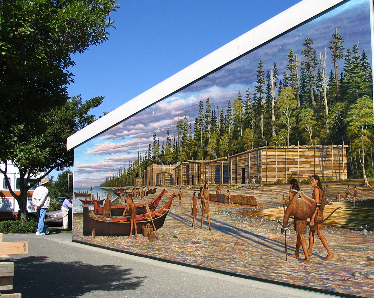 Mural at Port Angeles depicting an early village of the Lower ElwhaTribe