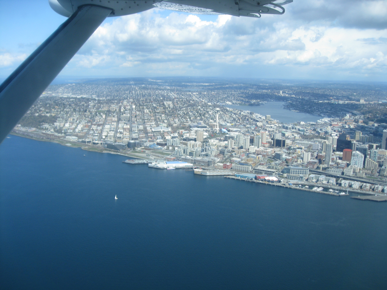 Aerial view of Seattle waterfront with Space Needle in center  andLake Union in upper right center